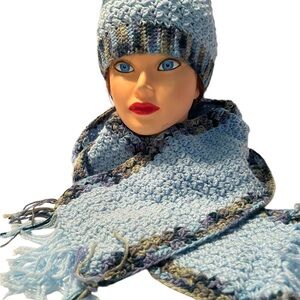 Handmade Crochet Women’s Scarf & Hat Set Blue & Army Green NWOT
